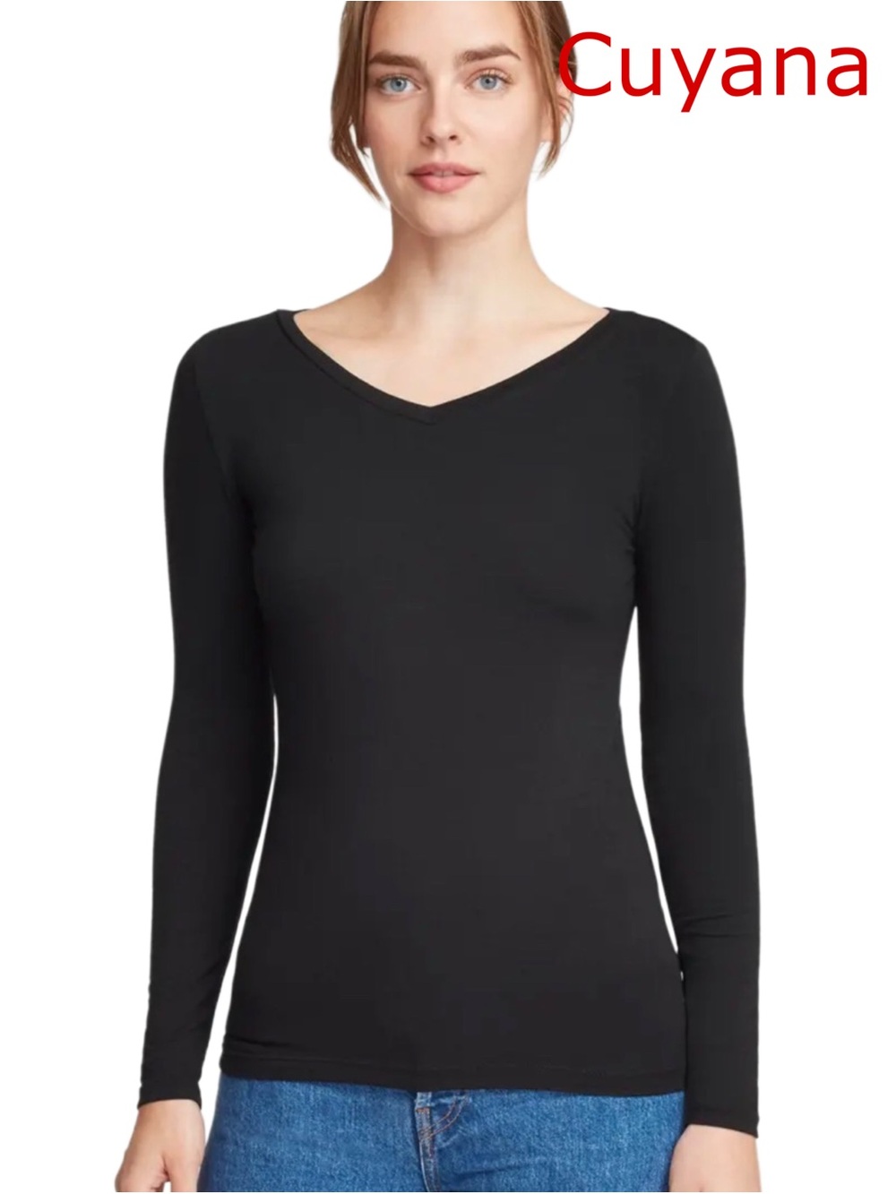 Cuyana Black V-Neck Long Sleeve Top